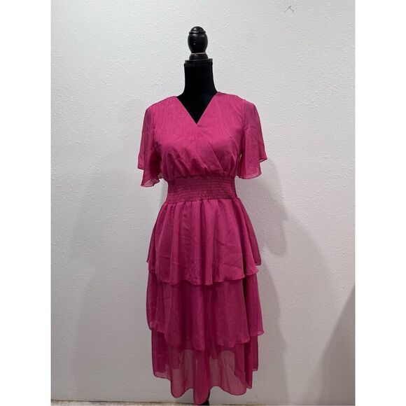 Ruffle Sleeve Wrap V Neck Midi Dresses for Women Causal Summer Smocked Waist Tie - Picture 2 of 10